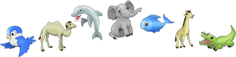 Screenshot of the NOAH Piano app play pads, featuring colorful animal icons representing musical notes: Bird (B), Camel (C), Dolphin (D), Elephant (E), Fish (F), Giraffe (G), and Alligator (A), designed for children to interact and play music.